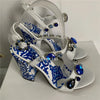 Luxury Diamond Crystal Decor Modern Sandals Women Blue And White Porcelain Print Ankle Strap Summer Shoes For Girls