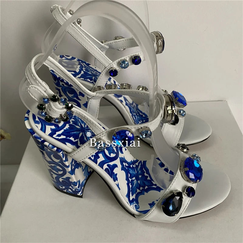 Luxury Diamond Crystal Decor Modern Sandals Women Blue And White Porcelain Print Ankle Strap Summer Shoes For Girls