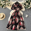 2024 Summer Women Floral Pleated Dress Vintage Turn-Down Collar Short Sleeve Single Breasted Printed Draped Midi Vestidos New
