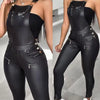 Elegant Women's Shoulder Strap Jumpsuit Square Neck Sleeveless Pu Leather Buckle Zipper Suspender Sexy Tight Fitting Jumpsuit