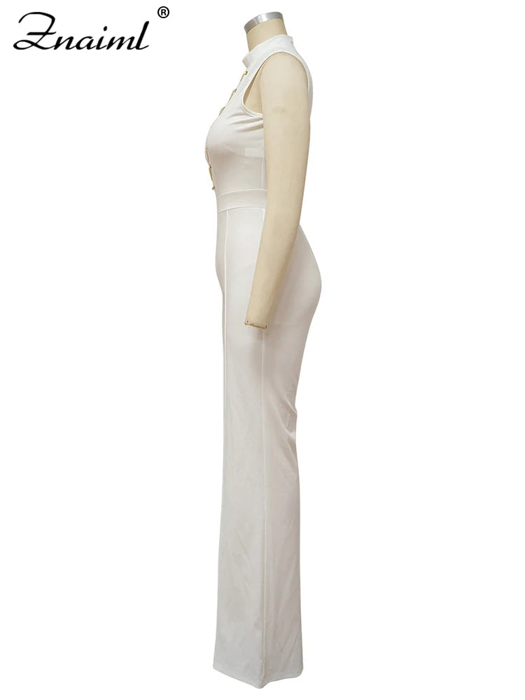 Znaiml Office Lady Jumpsuit High Waist Elegant Black One Pieces Chain Short Sleeve Straight Wide Leg Romper Birthday Overalls
