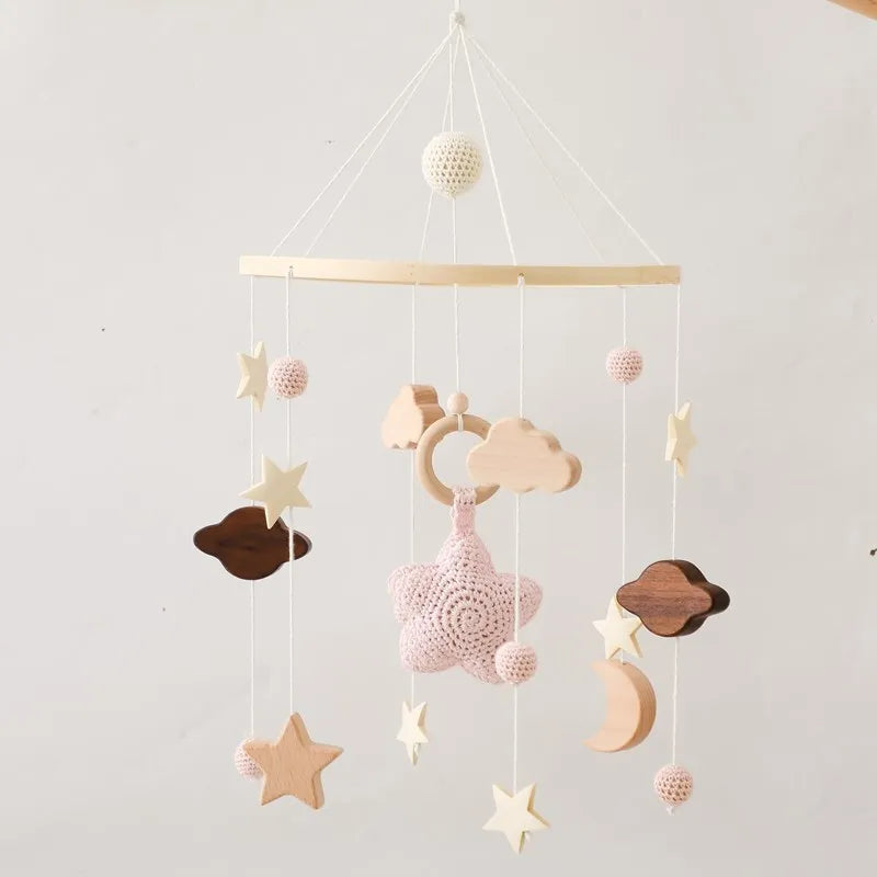 Baby Crib Mobile Bed Bell Rattle Toys Wooden Crochet Stars Pendant Bed Bell Toys Newborn Comfort Crib Bracket Hanging Toys Gifts