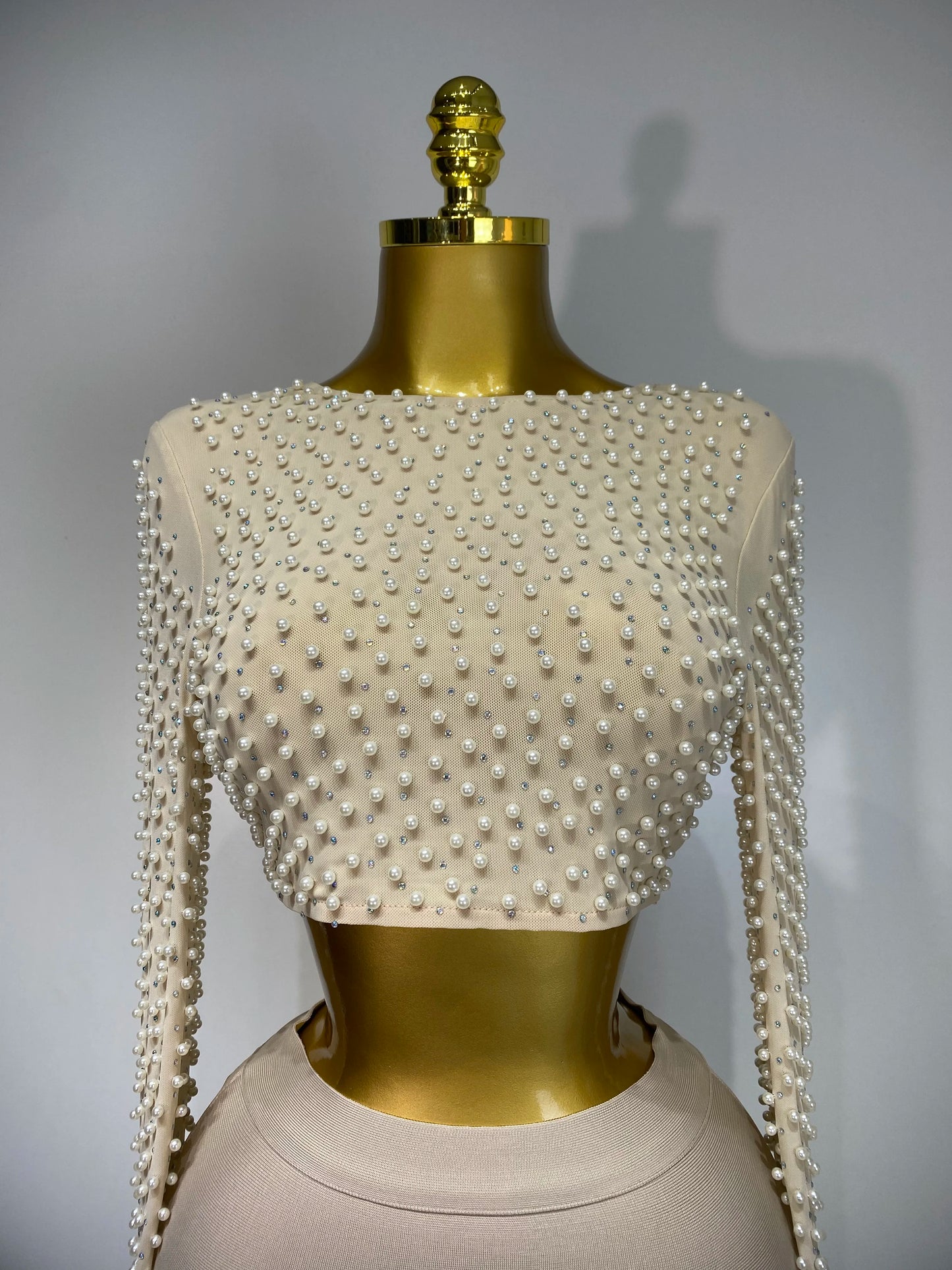 Women Sexy Long Sleeve Mesh Pearl Top Celebrity Midi Women Bandage Set 2025 Designer Evening Party Luxury Birthday Two Piece Set