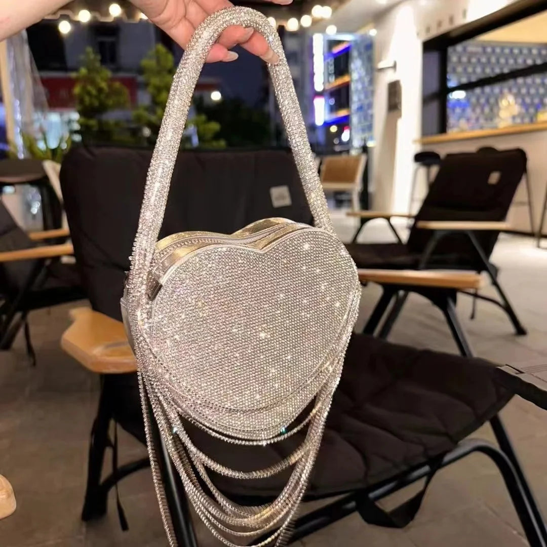 Bling Tassel Heart-shape Satin Bag Glitter Rhinestone Diamond Evening Bag Women Handbag Wedding Party Clutch Purse Crossbody Bag