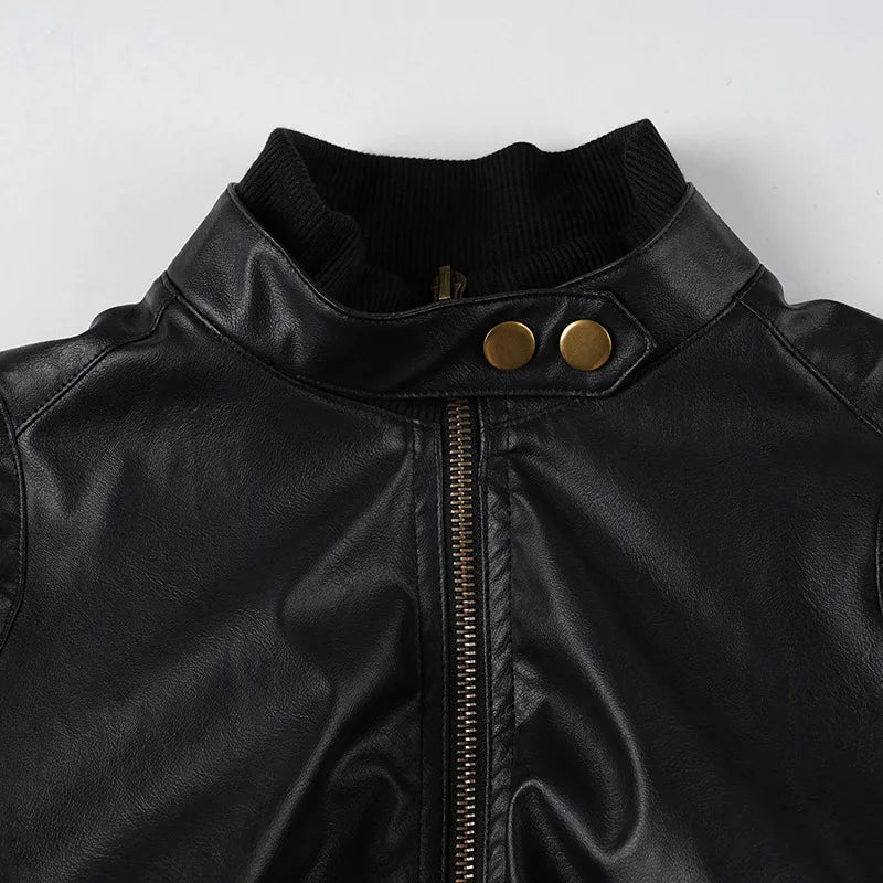 Street style waist cinched short stand up collar PU leather spicy girl zipper cardigan casual jacket
