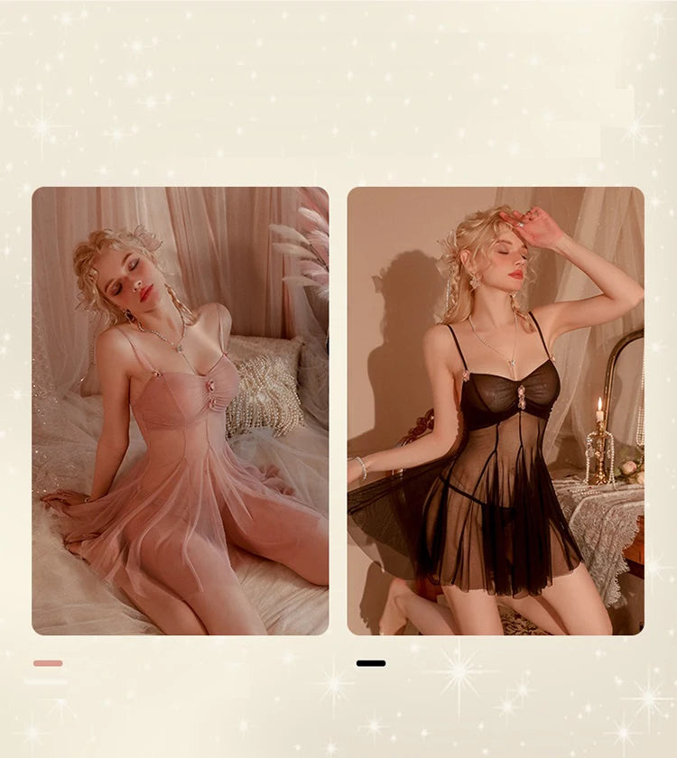 Sexy Elegant Lingerie Nightgowns Perspective Women Elegant Nightwear Lace Trim Sleepwear Woman Sleeveless Suspender Nightdress