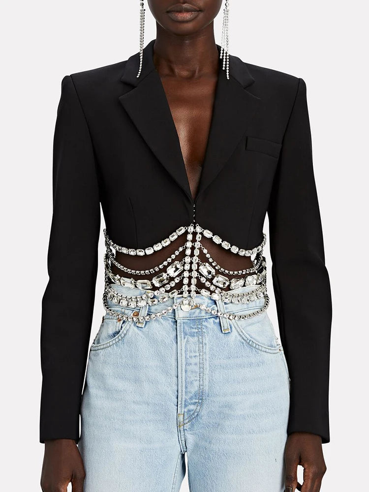TWOTWINSTYLE Solid Casual Patchwork Diamonds Chain Slim Blazer For Women Notched Collar Long Sleeve Temperament Blazers Female