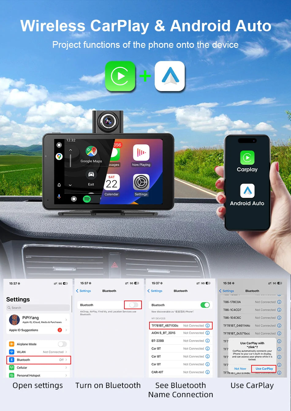 Jansite 7" Car DVR 2.5K Dash cam Wireless Carplay Android Auto Front and Rear Camera Dashboard Driving Recorder Dual Lens Wifi