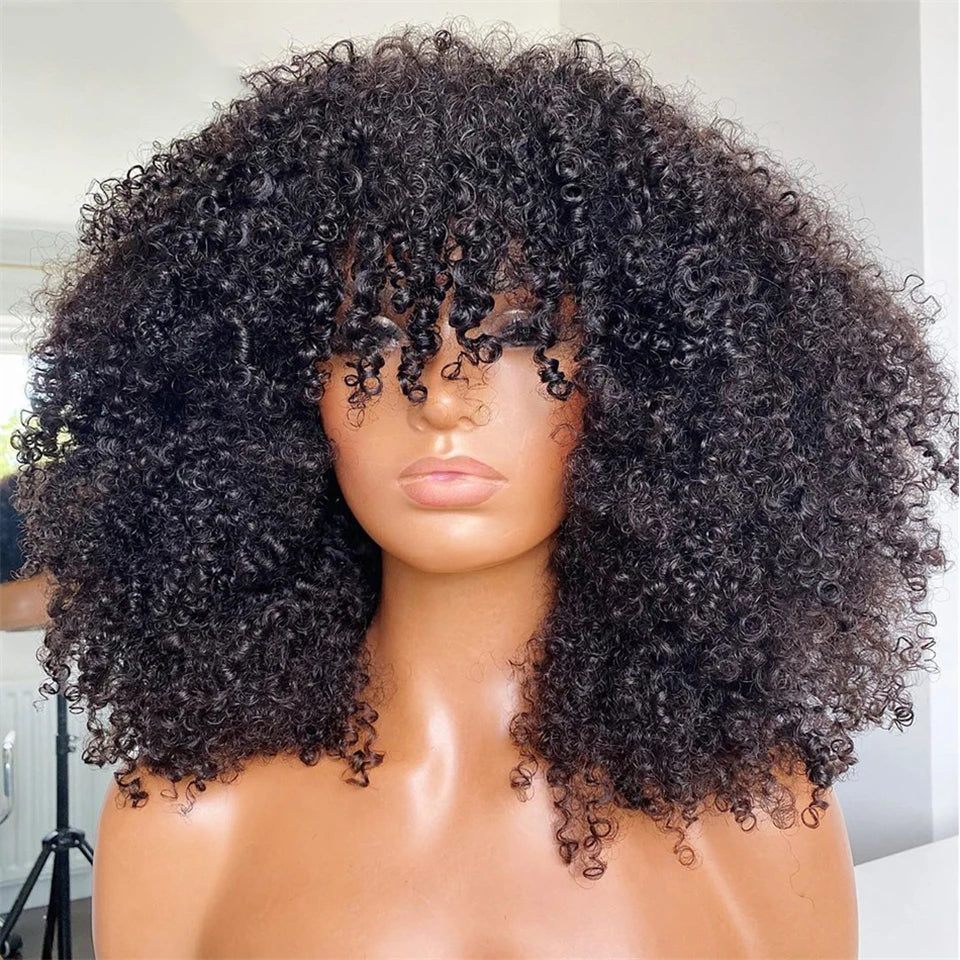 Afro Kinky Curly Wigs with Bangs 250% Density Brazilian Remy Human Hair Full Machine Made Wigs Short Afro Curly Wigs For Women