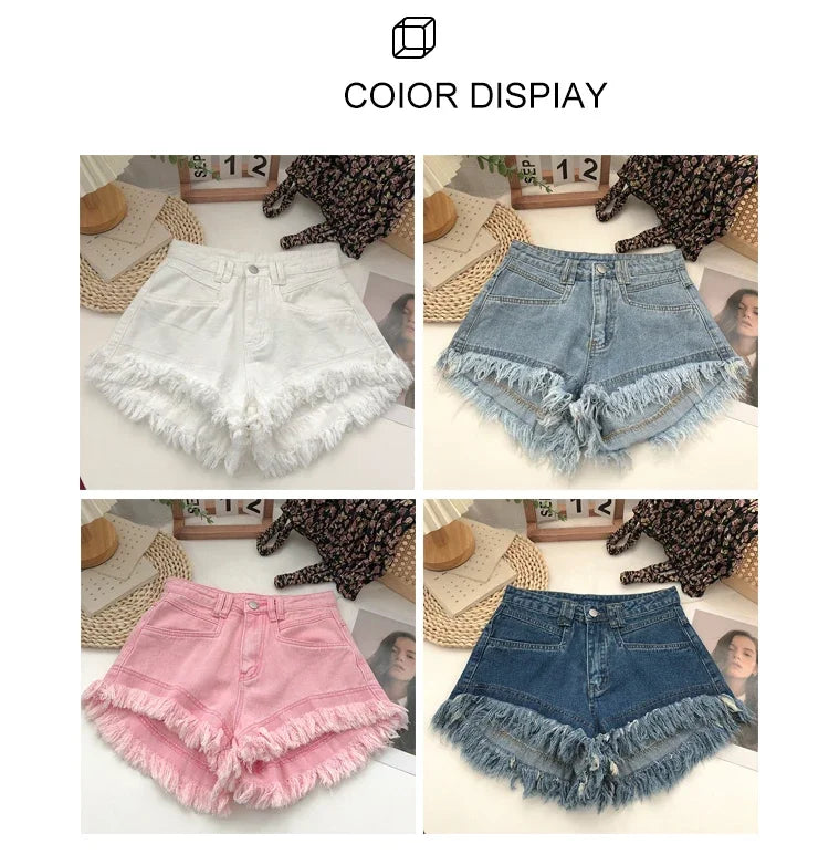 ITOOLIN Women Vintage Tassels Denim Shorts Button Loose High Waist A-line Jean Shorts Casual Women Office Trousers Streetwear