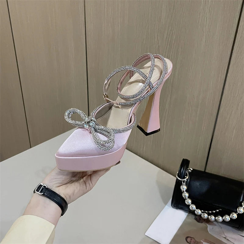 Hlieny 2025 Spring Autumn Women Pumps Fashion Platform Pointed Toe Butterfly-Knot Crystal Party Shoes Ankle Buckle Strap Sandals