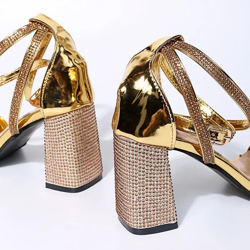 Shiny Gold Rhinestones Chunky Heels Sandals Women Sexy Cross Ankle Strap Silver High Heels Summer Party Dress Shoes Ladies Pumps