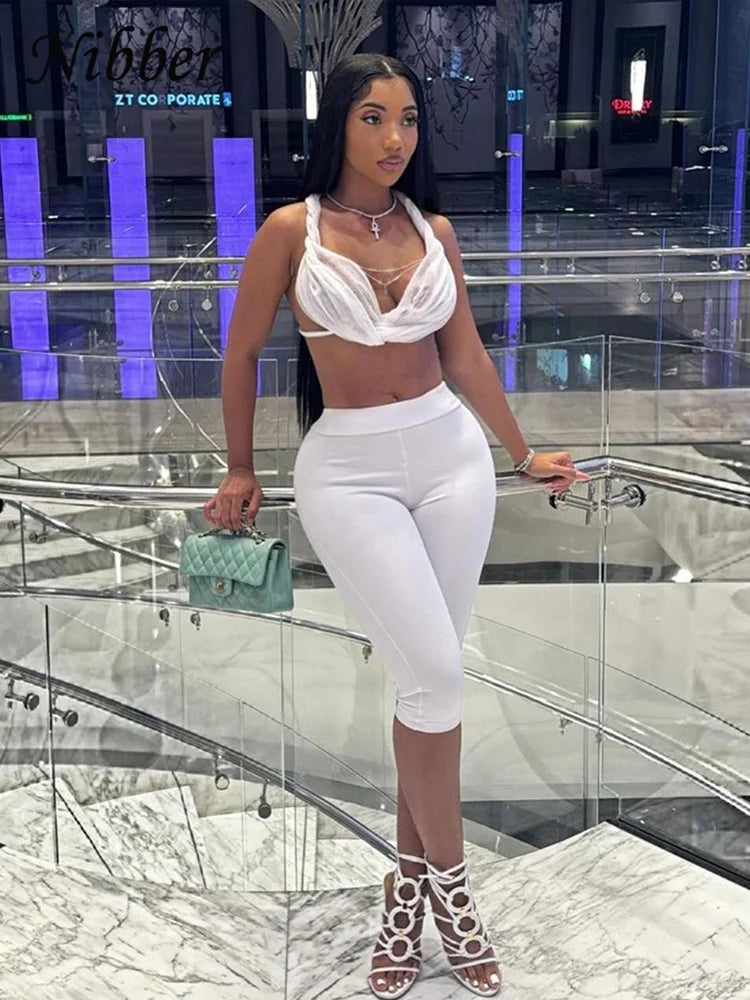 Nibber Sexy See Through Women 2 Piece Set Summer Trend Mesh Thin Whip Halter Tank Tops+Wide Waist Shorts Matching Street Outfits