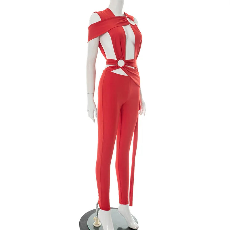 Joskaa Sexy Hollow Bandage Irregular Jumpsuit Women Summer Sleeveless Backless Ribbon Skinny Rompers 2025 Midnight Clubwear