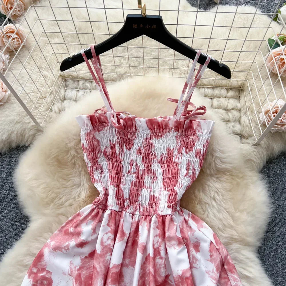 2024 New Summer Korean Fashion Rose Flower Print Romantic Retro Party Dress Elastic High Waist Vacation Long Dress Beach Vestido