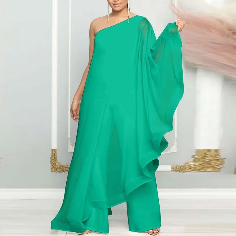Sexy Chic Women One Shoulder Jumpsuit Chiffon Long Sleeve Prom Party Clothes Designer One Piece Ruffles Rompers 2023