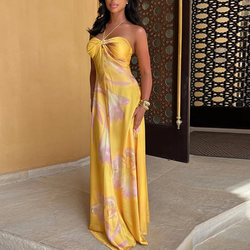 Women's Floral Print Sexy Halterneck Strappy Strapless Backless Slim Long Dress 2024 Summer Holiday Beach Loose Evening Vestidos