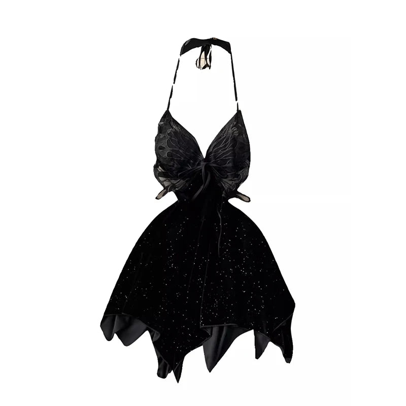 CHILLGIO Women Butterfly Velour Glitter Spaghetti Strap Sexy Fashion Backless Nightie Erotic Irregular A Line Pajamas Sundress