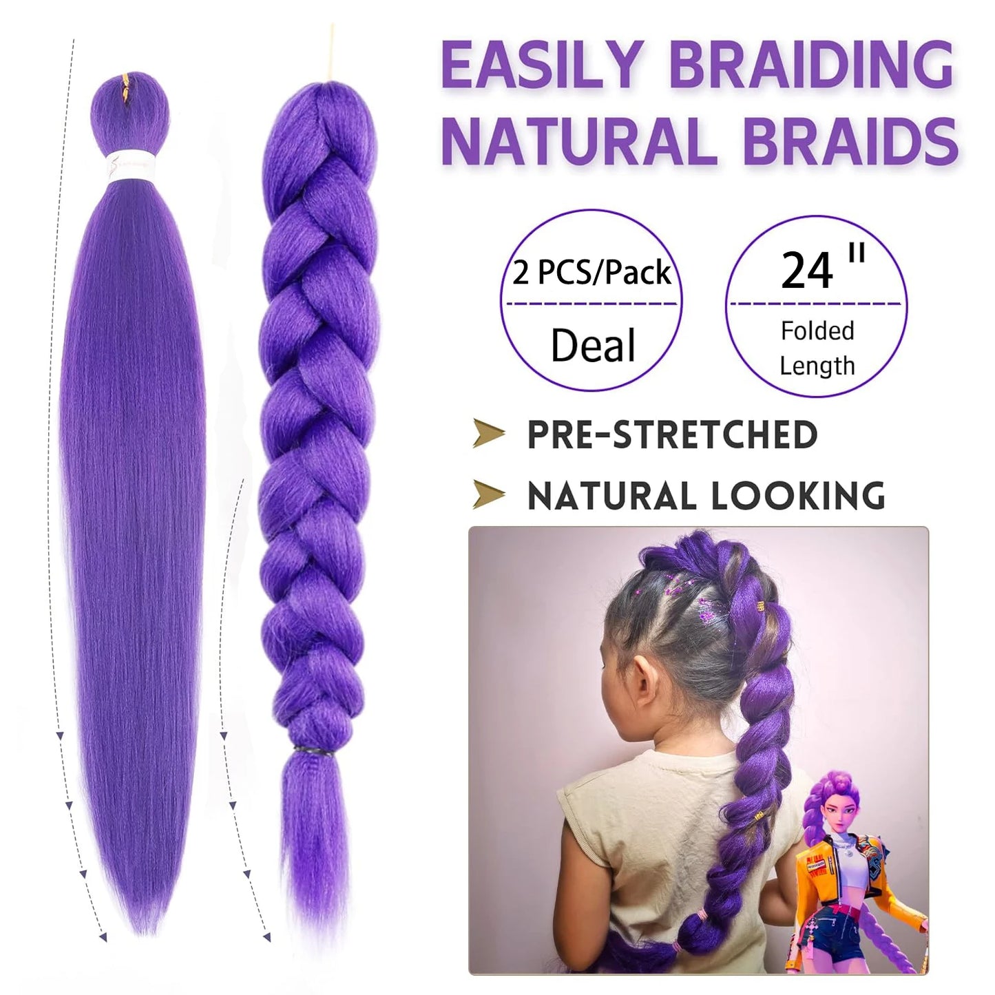 Purple Braiding Hair Pre Stretched Long Synthetic Braiding hair Extensions for Stage Party Halloween Costume Cosplay