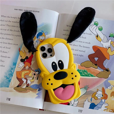 Disney Pluto Pup Plush Ears Phone Case For iPhone 11 12 13 14 15 Pro Max 15Pro 14Pro 13Pro 3D Soft silicone Dog Cover