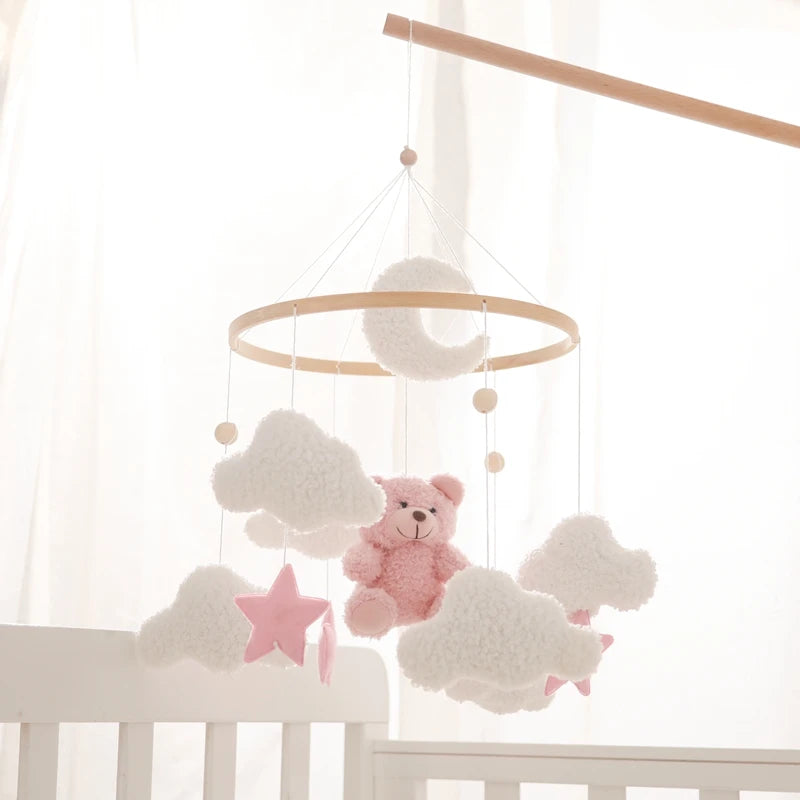 Baby Crib Mobile Rattle Toy 0-12Months Infant Soft Felt Teddy Velvet Pink Bear Bed Bell Hanging Toy Holder Bracket Crib Girl Toy