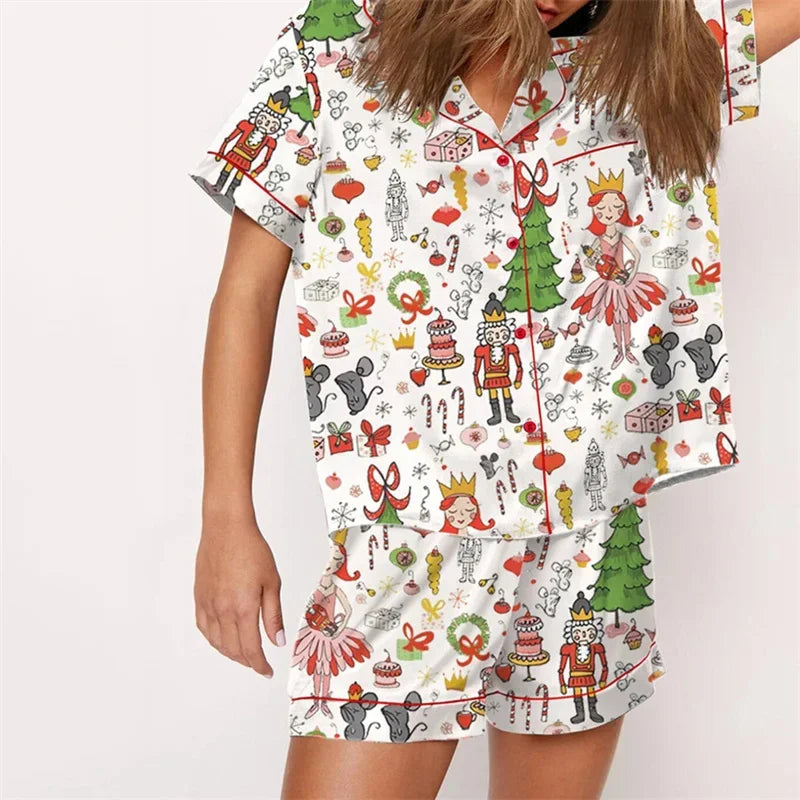 Nutcracker Pajamas Women Christmas Pajama Set Short Sleeve Tops+Elastic Waist Shorts Santa Claus Avatar Print Sleepwear Outfits