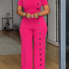 Znaiml Women Elegant Long Jumpsuits for Party Summer Short Sleeve Buttons Solid Color Wide Leg Pants Rompers One Pieces Overalls