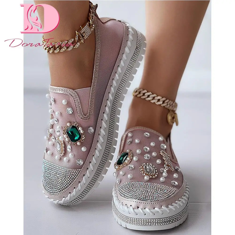 Big Size 43 Brand New Ladies Platform Loafers Fashion Rhinestonen Pearl Solid women's Sneakers Casual Spring Autumn Women Shoes