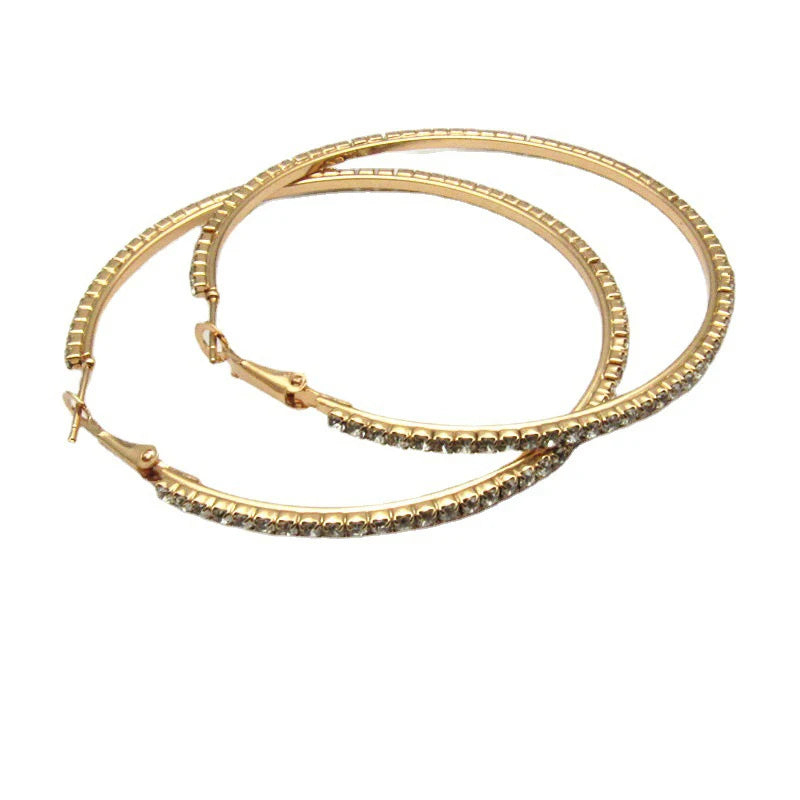 30-80mm Big Hoop Earrings For Women Girls Circle Crystal Rhinestone Earrings Black Gold Silver Color Round Earings Party Gift