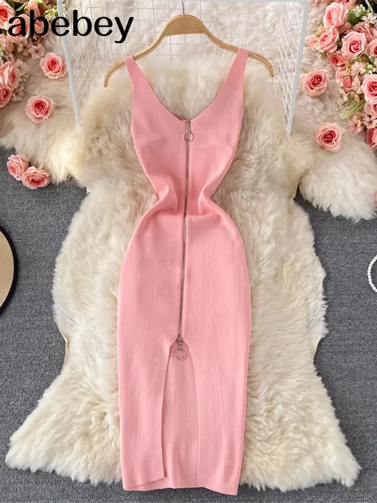 Zipple  2023 Sexy Summer Knit Strap Dress Women Tank Elatic Waist Bodycon Sundress Female Beach Split Backless Midi Dress