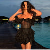 Chic Off-Shoulder Flounce Mesh Dress Woman Transparent Solid Color Layered Short Dresses Sexy Beach Vacation Women's Mini Dress