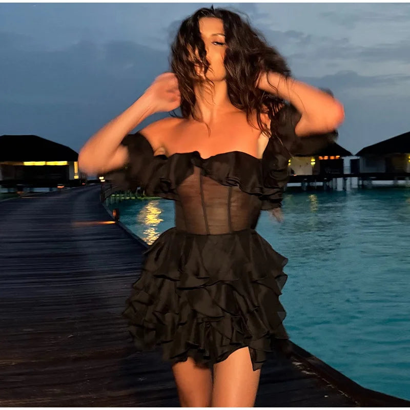 Chic Off-Shoulder Flounce Mesh Dress Woman Transparent Solid Color Layered Short Dresses Sexy Beach Vacation Women's Mini Dress