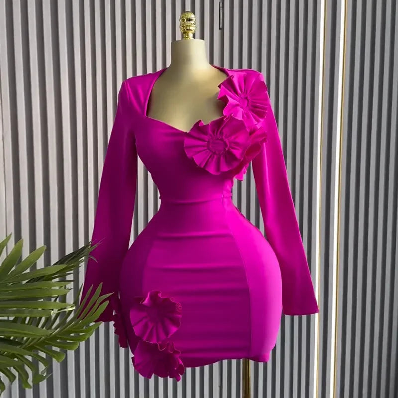 CM.YAYA Women Strapless Mult 3D Flower Long Sleeve Bodycon Mini Dress Sexy Birthday Evening Night Party Club Vestidos Dresses