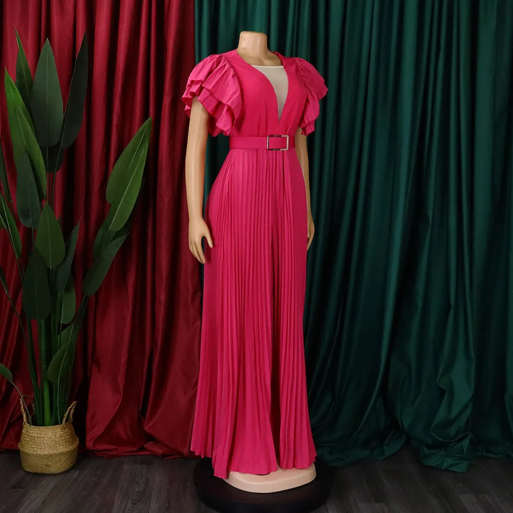 Elegant Pleated Jumpsuits & Rompers for Women V Neck Ruffles Belt Waisted High Waisted Floor Length Luxury Birthday Party Outfit