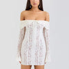Mozision Floral Lace Off-shoulder Maxi Dress For Women White Strapless Backless Long Sleeve Bodycon Club Party Sexy Long Dress