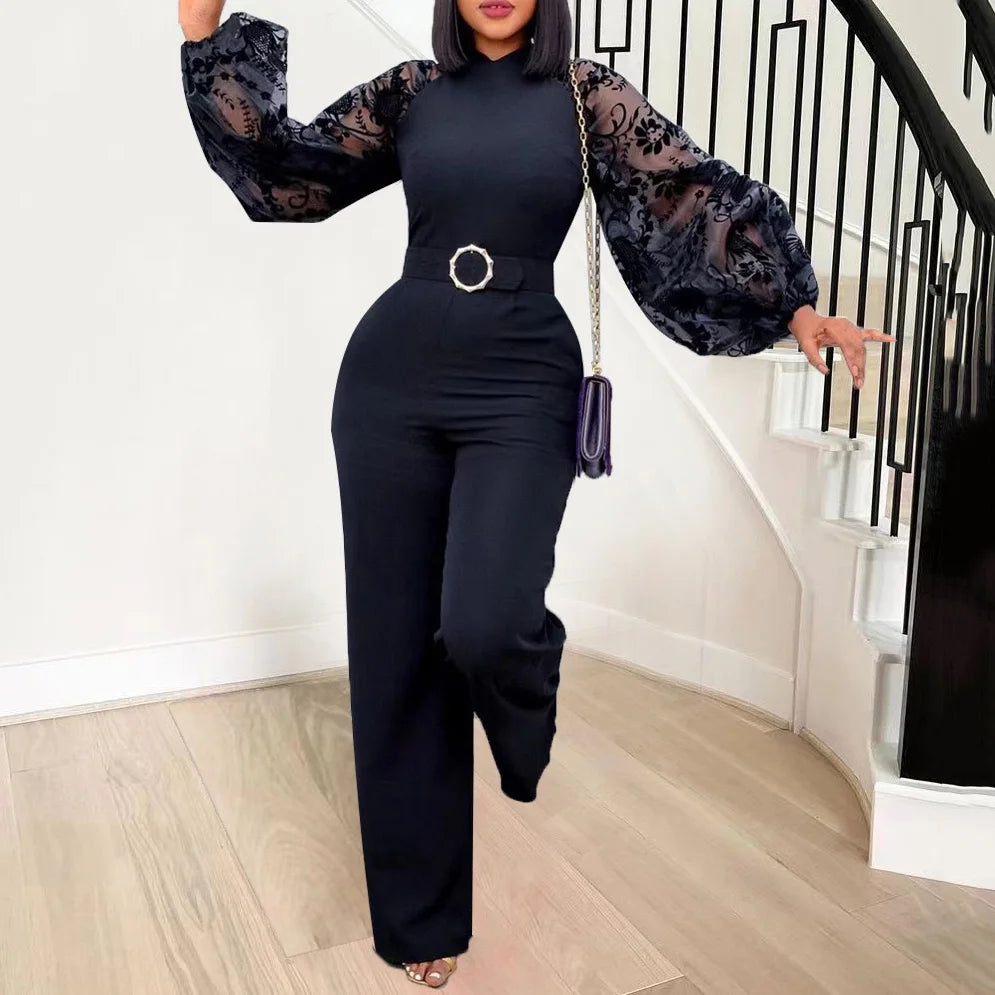 Elegant Jumpsuits & Rompers for Women O Neck Full Sleeve Belt Waisted Straight African Birthday Party Dinner Overalls Clothes OL