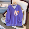 Plus-size women's Fall/Winter Casual commute loose and comfortable hoodie cartoon print purple green V-neck long sleeve top big