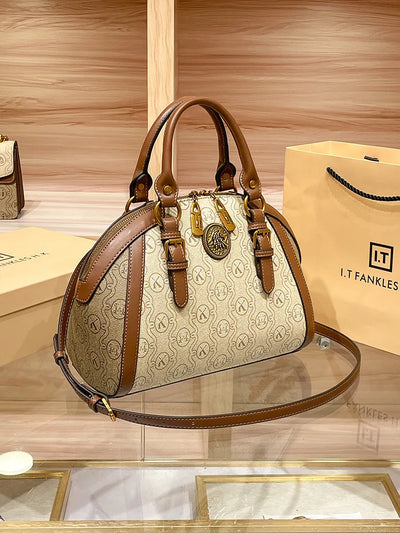Khaki Retro Leather Women's Handbag Fashion Geometric Floral Girls Shoulder Bag Hundred Splicing Color Collision Girls Crossbody