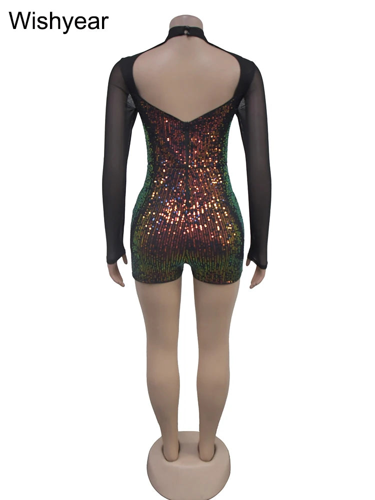 Wishyear Sexy Feather Mesh Patchwork Sequins Night Club Jumpsuits Shorts for Women Glitter Birthday Overalls Christmas Playsuits