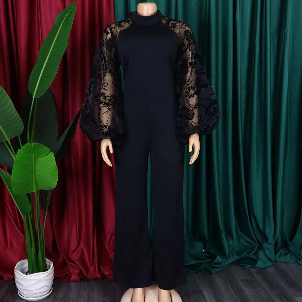 Elegant Jumpsuits & Rompers for Women O Neck Full Sleeve Belt Waisted Straight African Birthday Party Dinner Overalls Clothes OL