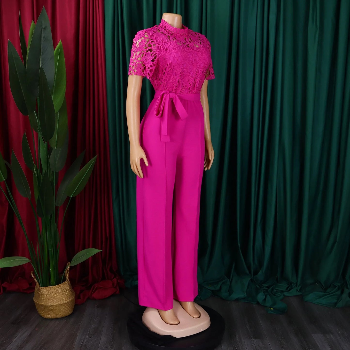 Elegant Jumpsuits & Rompers for Women O Neck Lace Patchwork Short Sleeve Sashes High Waisted Luxury Birthday Party Dinner Outfit