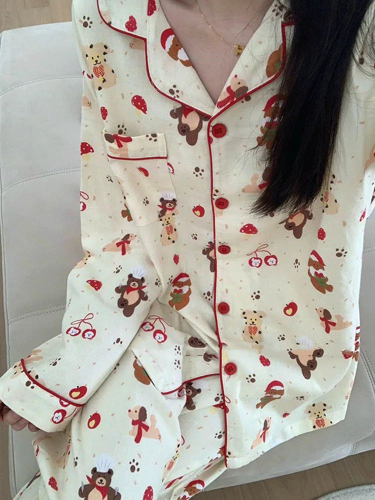 Christmas PJ Set Women Autumn Female Homewear Long Sleeves Button Sleepwear Pajamas Pants Pajama Sets Kawaii Y2K Girls Nightwear