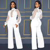Fashion Women's Clothing Hollow Long-sleeved Loose Wide Leg Jumpsuits Overall Pants Solid Color Sexy Lace