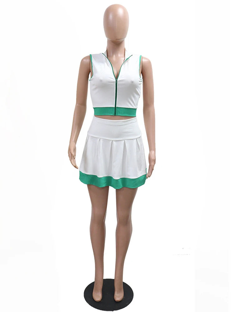 Beyprern Cute Girls Zipper Front Crop Top And Ruffles Skirt Set Summer Tracksuits Set Two Piece Dress Sporty Tennis Active Set