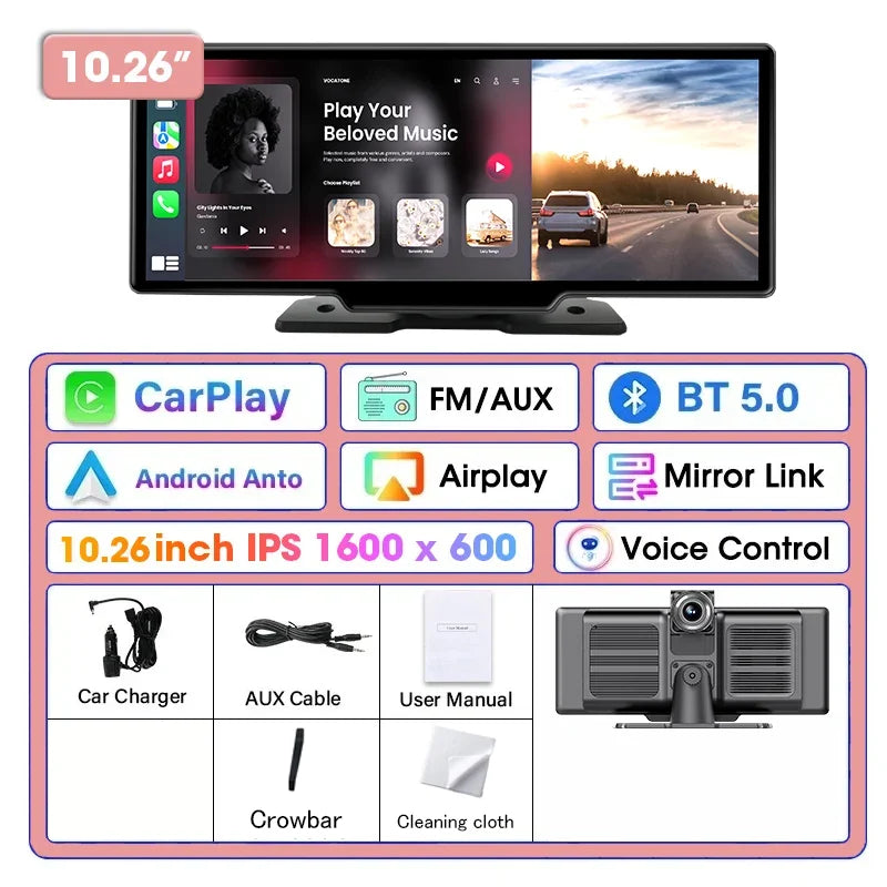 10.26'' Dash Cam 4K Car Mirror Video Player Wireless Carplay Android Auto GPS Car Monitor Multimedia Rearview Camera Dashboard