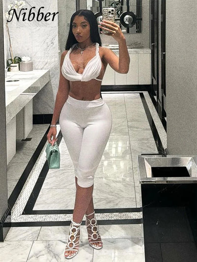 Nibber Sexy See Through Women 2 Piece Set Summer Trend Mesh Thin Whip Halter Tank Tops+Wide Waist Shorts Matching Street Outfits