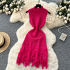 Chic Elastic Knit tassel O Neck Women Elegant Korean Fashion Vestidos Summer A-line Wrap mini dress