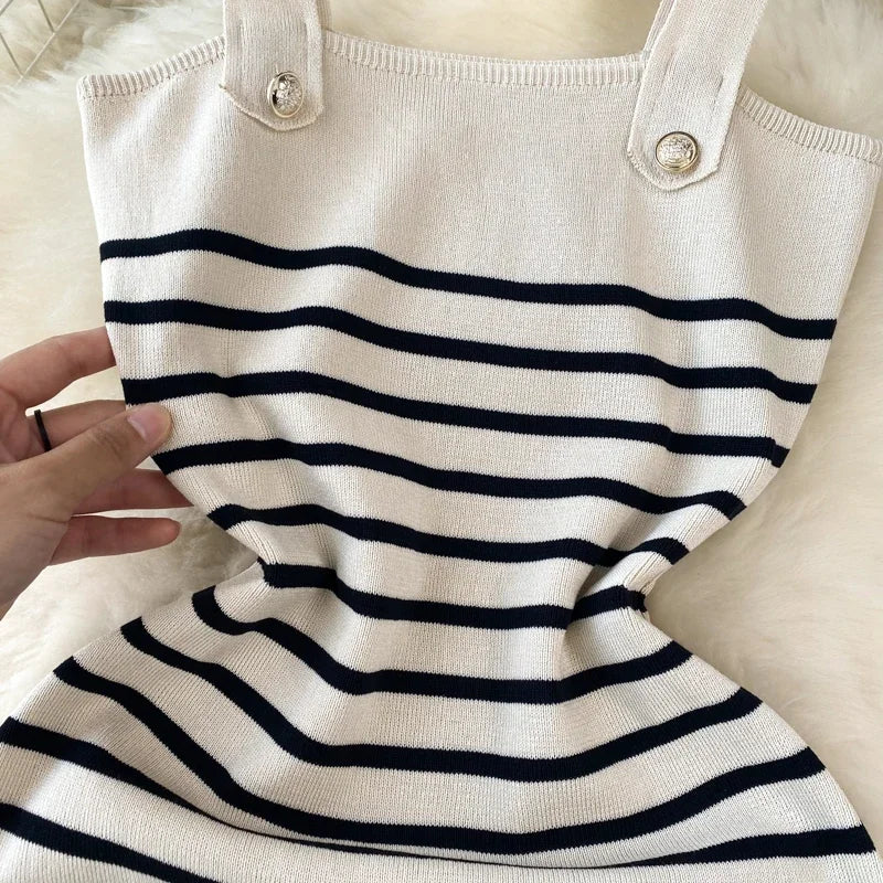 Striple 2024 Sexy Summer Knit Strap Dress Women Tank Elatic Waist Bodycon Sundress Female Beach  Backless Midi Dress