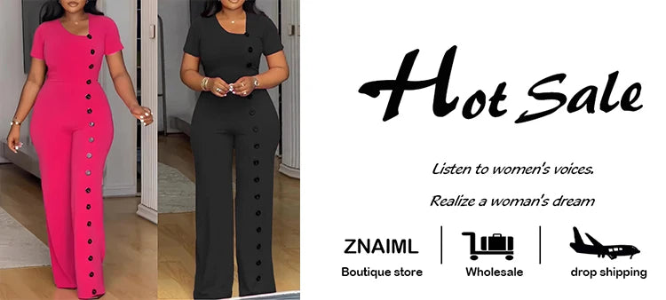 Znaiml Women Elegant Long Jumpsuits for Party Summer Short Sleeve Buttons Solid Color Wide Leg Pants Rompers One Pieces Overalls