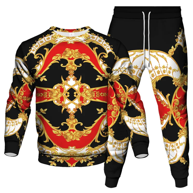 Vinatge Luxury Baroque Style Clothing Suit Men Jogging Pant Sweatshirt 2 Piece Set New Women Fashion Streetwear Tracksuit Set